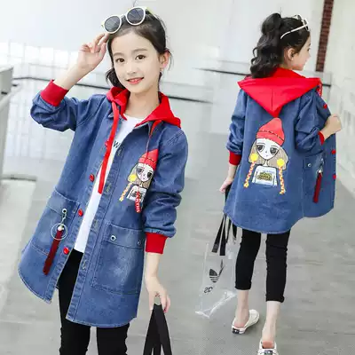 Girls spring coat 2021 new big children's clothing spring and autumn Korean version of the long version of the girl plus velvet thick denim coat