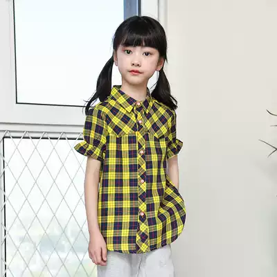 Lingmachine girl short sleeve shirt spring and summer new middle and big child lattice shirt girl shirt student cotton shirt