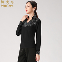 Womens Latin Dance Performance Costume Adult Modern Male Ballroom Dance Performance Team Competition Practice Top Long Sleeve Diamond