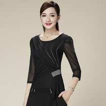 Womens Latin dance jacket modern dance costume ballroom dance long sleeve high-end diamond square dance practice uniform short sleeve small shirt