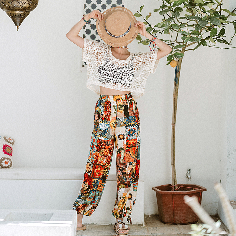 Ethnic style printed trousers Southeast Asia travel flower pants Summer holiday style Harun pants street shoot leg bloomers