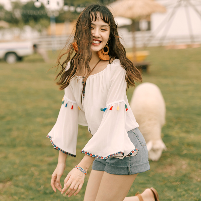 New fairy chiffon blouse womens long-sleeved ruffle off-the-shoulder blouse one word sleeve three-point sleeve holiday dress Short summer