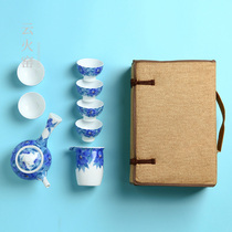 Liling hand-painted blue and white kung fu tea set ceramic underglaze Japanese one pot six Cup portable tea set creative gift