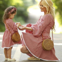 2021 Mother and daughter French autumn female treasure plaid dress little girl bubble long sleeve court parent-child dress lace edge