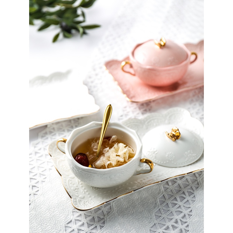 European bird 's nest small ceramic bowl Jin Bianshuang ears steamed egg bowl dessert sugar water bowl with cover suit shark fin soup tremella soup bowl