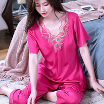 Sleepwear Lady Summer Short Sleeve Suit Ice Silk Lady Summer Big Code Summer Thin Summer Dress Exterior Wearing Home Clothing