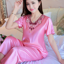 Sleepwear Women Summer Short Sleeves Summer 90% Pants Lady Thin Ice Silk Satin Summer Summers big code Home Home Suits Suit