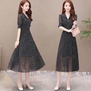 2020 new mid long slim Polka Dot Chiffon Dress