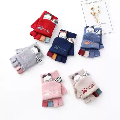 Children's gloves winter baby boy 0 to 3 years old girl half finger flip cartoon warm cute five finger knitted winter