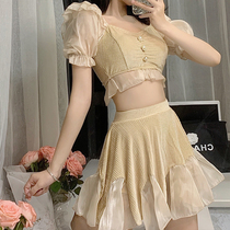 2021 new female summer split swimsuit belly high waist flat angle fairy fan ins student Conservative strap swimsuit