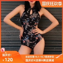 cicory2021 New Conservative belly thin high collar backless Dragon Phoenix cheongsam spring holiday one-piece swimsuit women