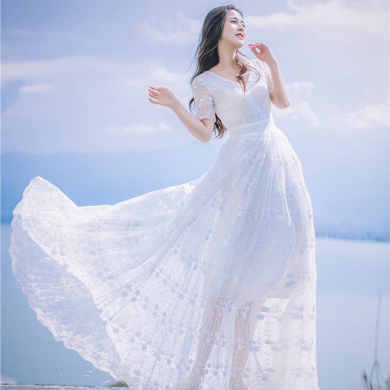 韩版蕾丝刺绣长裙子2017夏季高腰修身大摆连衣裙白色仙女裙度假裙_4