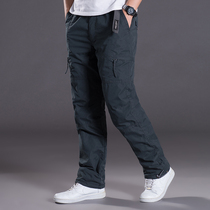 Mens winter padded velvet overalls mens straight loose multi-pocket casual trousers autumn and winter warm cotton pants