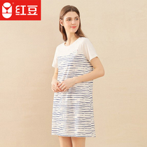 Red bean short sleeve nightgown spring and summer new cotton ammonia pajamas ladies navy stripe simple casual style home skirt in the skirt