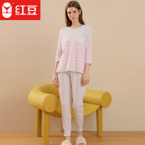 Red bean round neck cropped sleeve striped pajamas womens breathable gauze splicing loungewear women wear womens home pajamas