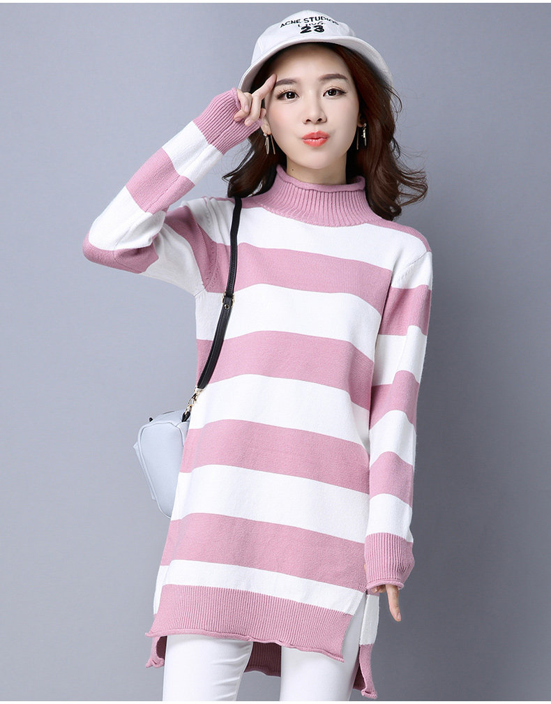 秋冬新款韩版针织毛衣女条纹套头衫长袖中长款打底衫宽松显瘦上衣