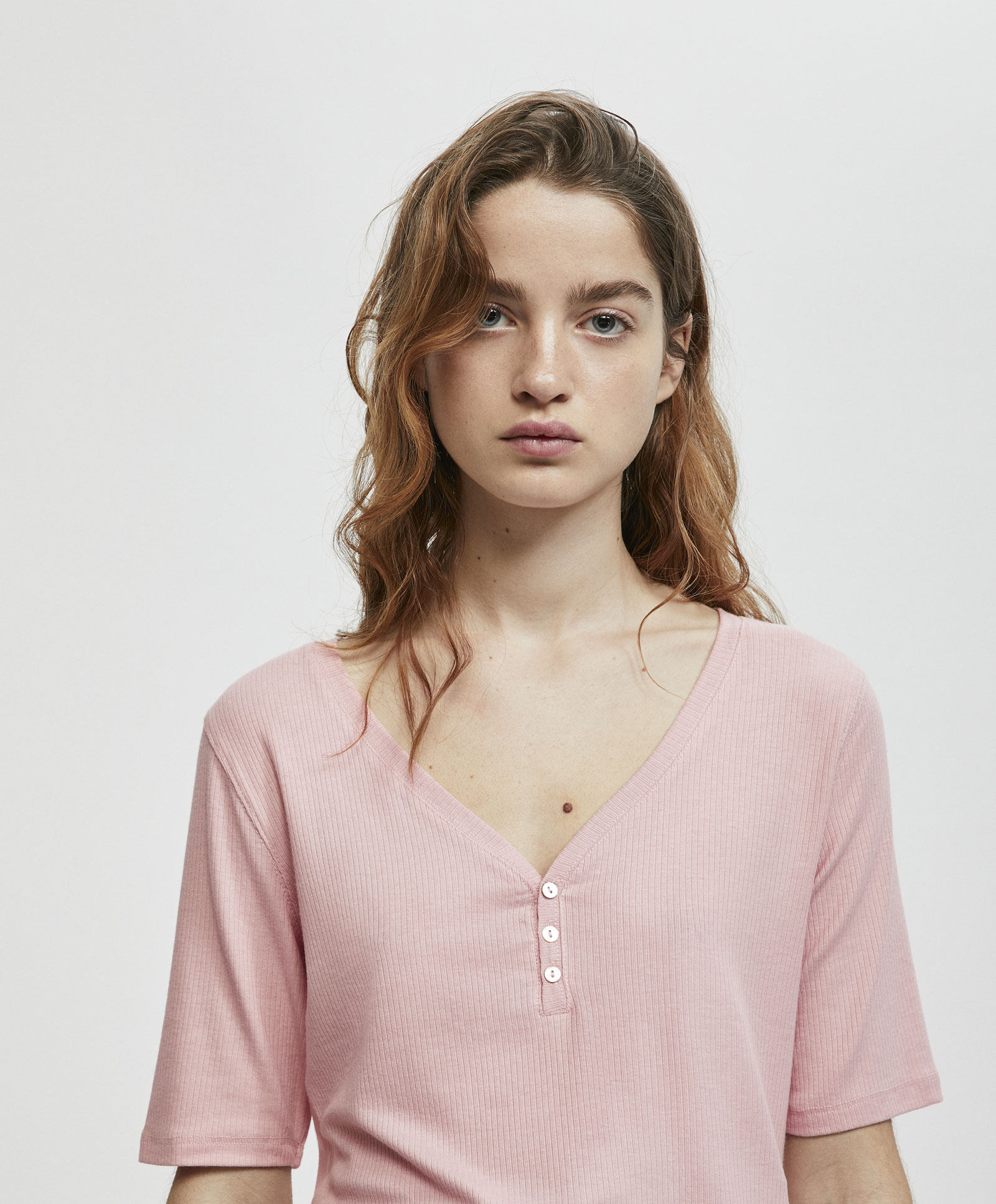 oysho 优雅粉色罗纹v领家居服短袖居家睡衣女夏t恤 30446146902