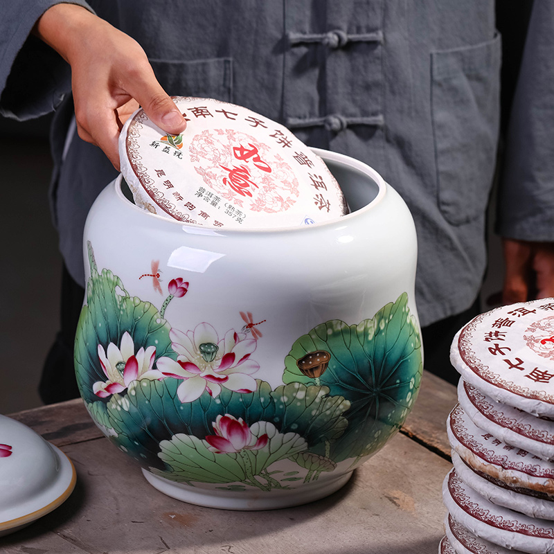 Jingdezhen ceramic seal pot pu 'er tea cake large receives the eighth cake gift porcelain tea pot