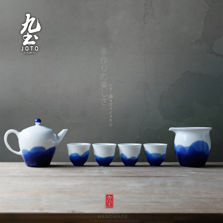 About Nine soil blue - and - white checking ceramic tea set fair zen landscape painting the teapot tea cup cup jingdezhen kung fu tea cups