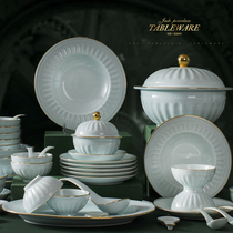 Dish set Household Jingdezhen origin relief celadon tableware set Bowl plate Chinese ceramic tableware