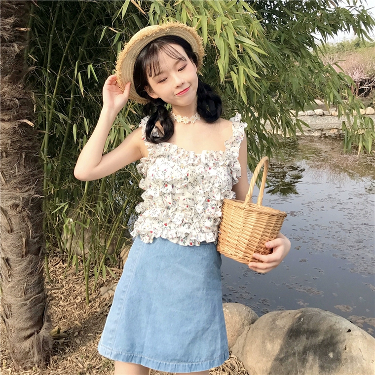 Mới hoa nhỏ địu phụ nữ voan nhỏ tươi nấm lệch vai Han Fan sang trọng retro tất cả phù hợp với vest - Áo ba lỗ