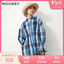 MOUSSY 2021 spring and summer new lapel plaid waist lantern sleeve short dress 010ESB30-2570