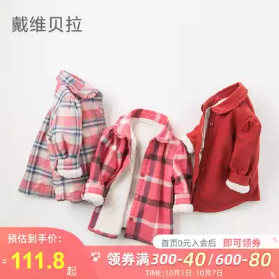 (Plus velvet) David Bella girl shirt autumn and winter New Baby padded velvet warm plaid shirt foreign pie