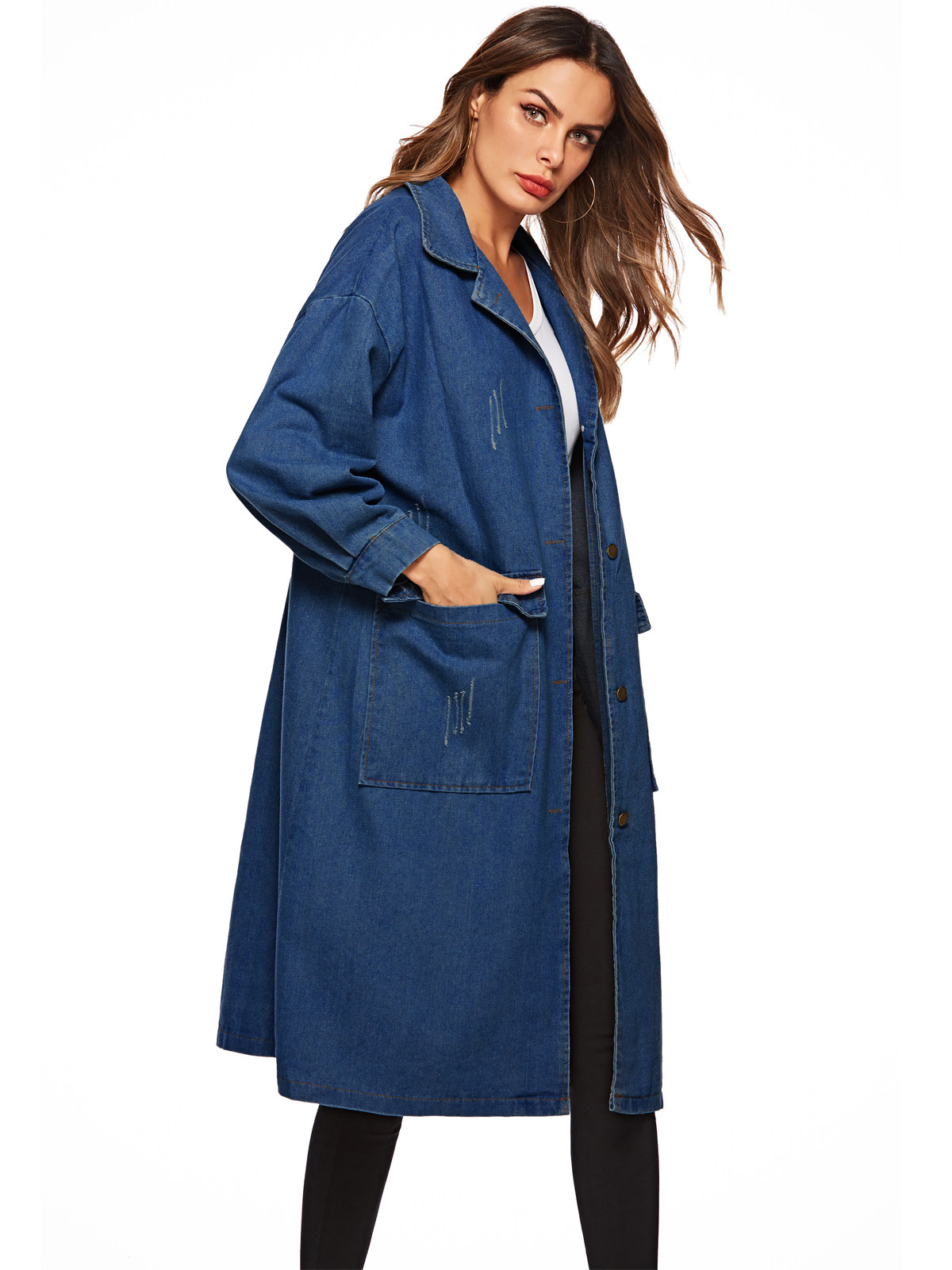 跨境专供新款女装 欧美外贸中长款大码外套 抓纹休闲宽松牛仔风衣