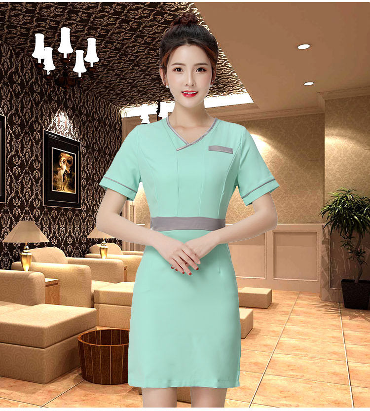 夏季新款美容师服装连衣裙养生馆工作服时尚绿色美容院女套装弹力