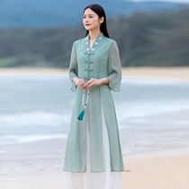 Tang suit female Chinese style suit two-piece Hanfu women modern modified Chinese cheongsam top Zen tea suit