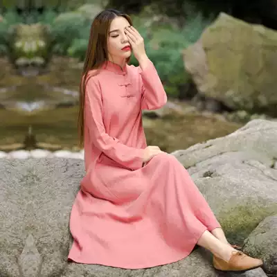 Spring and Autumn Chinese style women's cotton cheongsam dress medium and long version of national literature retro Chinese Zen female tea suit