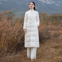 Improved Hanfu Chinese style light white duck down jacket female winter long knee Chinese buckle retro coat