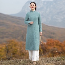 National Chinese style autumn and winter cotton and linen thickened cheongsam improved version of Hanfu dress Chinese dress Chinese womens Zen tea suit