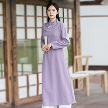 Hanfu China Wind Cotton Linen Flag Gown Improved Tandem Dress 2022 Spring Autumn New Chinese Style Retro Womens Zen tea suit