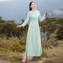 2021 New Chinese style Ao Dai cheongsam modified cotton linen dress literary retro womens Zen tea clothing