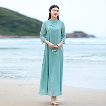 Spring Ramie cheongsam modified version dress Chinese button cotton linen vintage women Chinese style Zen tea dress women