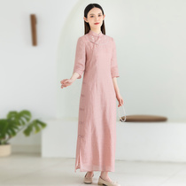 China Wind Qipao Improved Version Art Cotton Linen Dress Womens Summer 2022 New Chinese Retro Zen Mantra Tea Suit