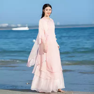 Summer dress Chinese Zen women's modified version of Hanfu cheongsam chiffon dress suit Chinese style two-piece tea suit