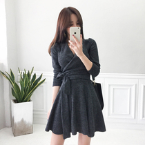 2019 autumn winter new V collar Long sleeves Knitted Dress Korean version Hull Bow Tie Lace short dress Dress Woman