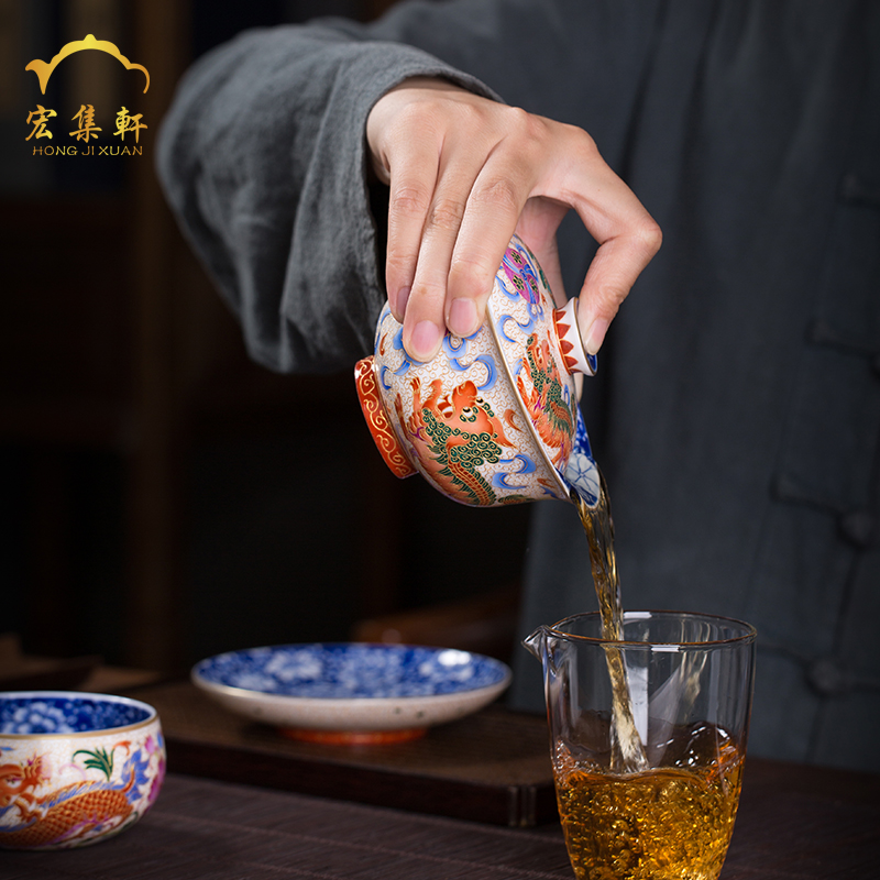 Only three tureen jingdezhen blue and white flower is hand - made ceramic cups all hand lion kirin colored enamel tea bowl