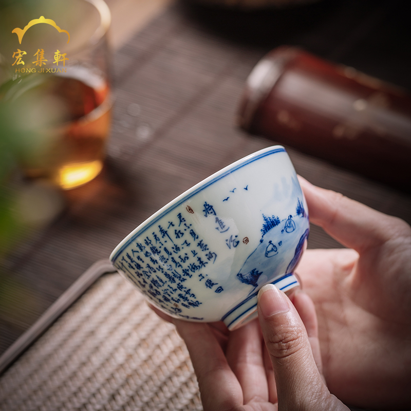 The Master cup single hand - made ceramic cups of jingdezhen blue and white, blue and white inside and outside the firewood and calligraphy sample tea cup