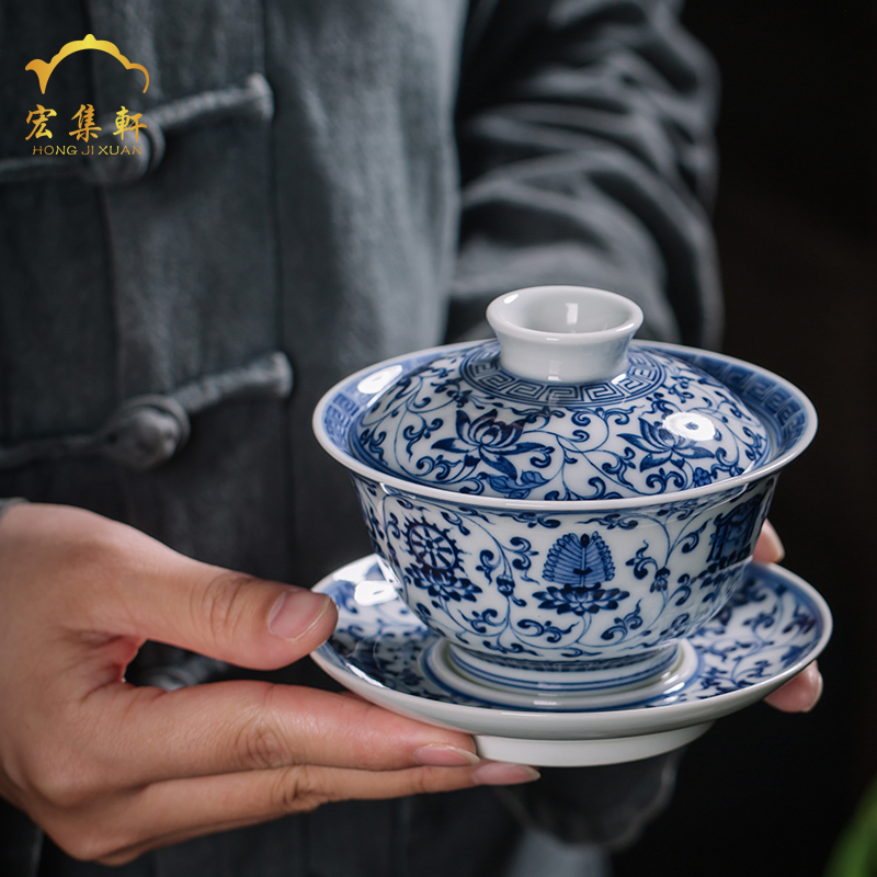 Jingdezhen blue and white only three firewood tureen antique hand - made maintain ceramic checking tea lotus flower tea bowl