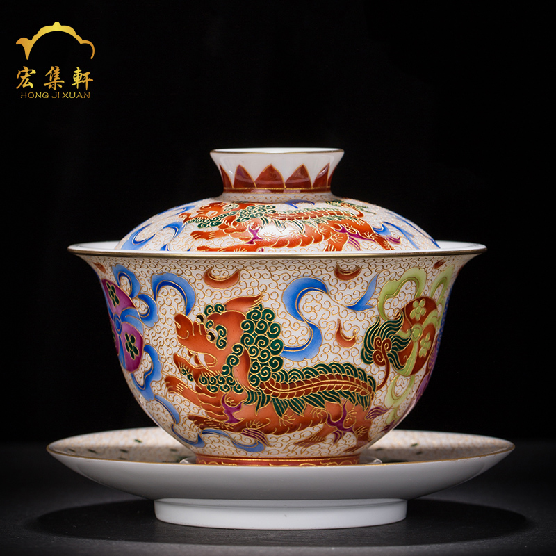 Colored enamel porcelain tureen teacups hand - made lion only three cups of tea bowl full manual jingdezhen kung fu tea set