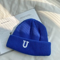 Klein Blue Hat Female Letter Knitted Wool Hat Korean Joker Japanese Embroidery Warm in Winter