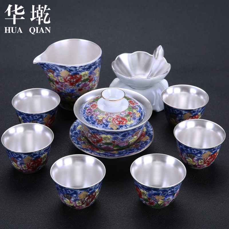 China Qian household contracted colored enamel tea set a complete set of ceramic tea tureen coppering. As 999 sterling silver, kung fu tea taking