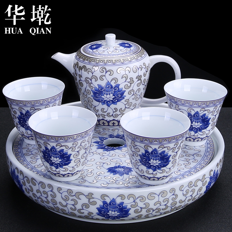 China Qian blue and white porcelain tea set suit household contracted ceramic kung fu tea taking of a complete set of teapot teacup tea tray