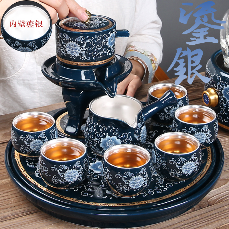 Chinese style is contracted kung fu tea set manual 999 tasted silver gilding ceramic teapot drainage of blue and white porcelain tea tray tea table