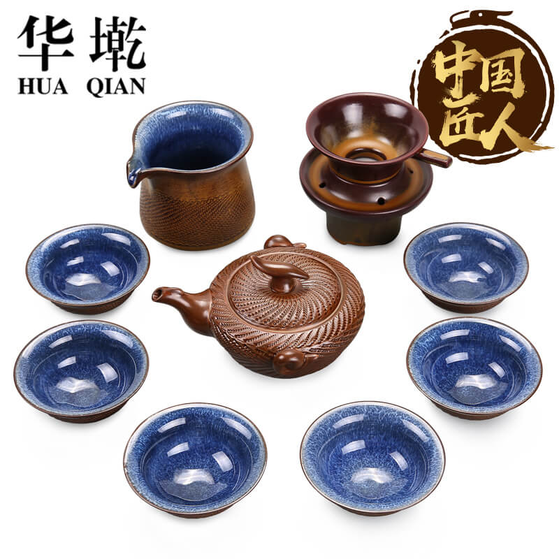 China Qian manual jump cut ceramic kung fu tea set domestic cup sample tea cup teapot archaize firewood tureen