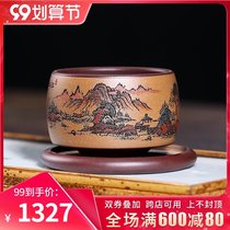 Yixing purple sand cup engraved powder paste full handmade small mouth Cup Master Cup Tea Cup purple sand Cup single cup landscape Cup