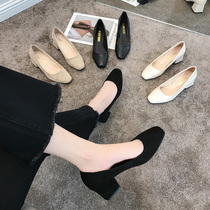 2020 new black single shoes female summer temperament professional commuter Joker Net red super fire square head thick heel high heel womens shoes